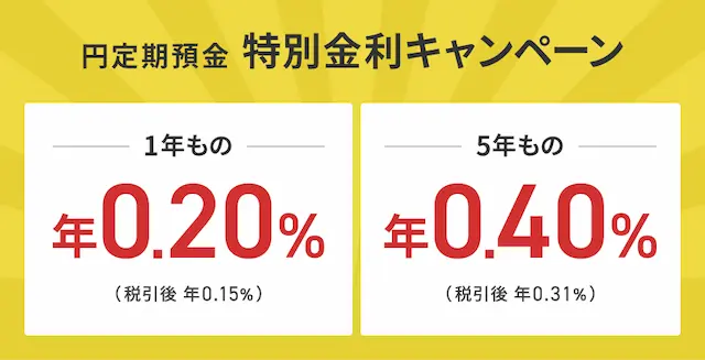 円定期預金特別金利キャンペーン　1年もの年0.20% 5年もの年0.40%